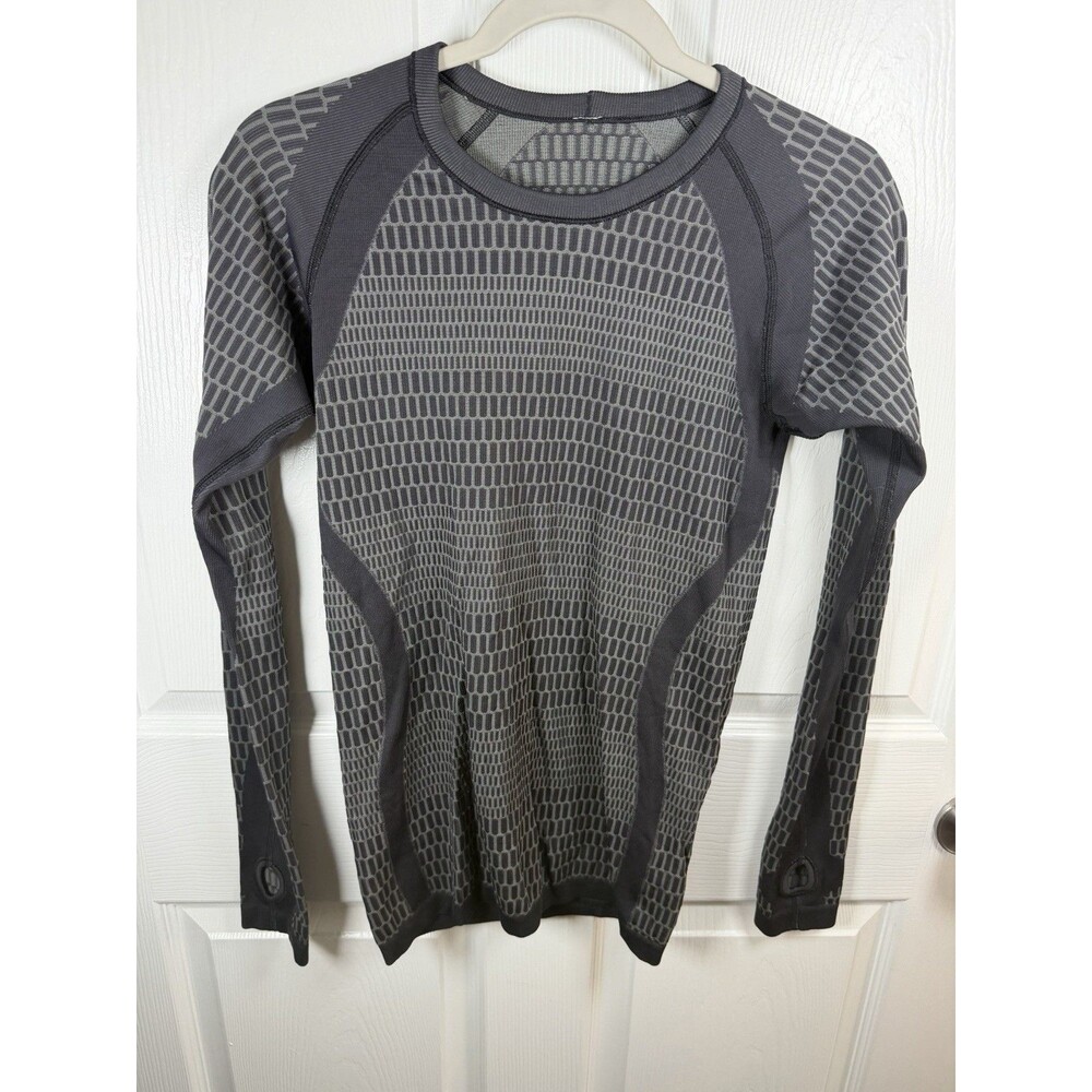 Lululemon About That Base Long Sleeve Shirt Black Gray Womens 2 Thumbholes